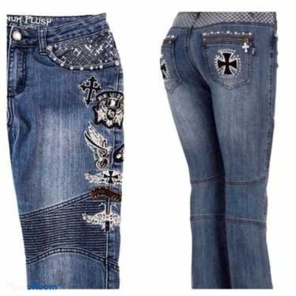Vintage Platinum Plush Women's Denim Biker Jean Size 5 Blue Bedazzled